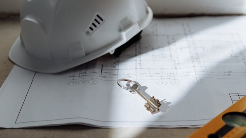 Close-up of a safety helmet and key on a blueprint, symbolizing construction and planning.